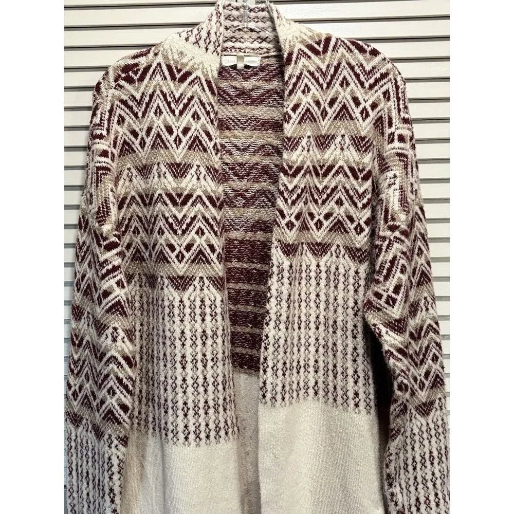 Gilded Intent Open Cardigan Aztec Burgundy/Cream Long Sleeve Size L Knit Pockets